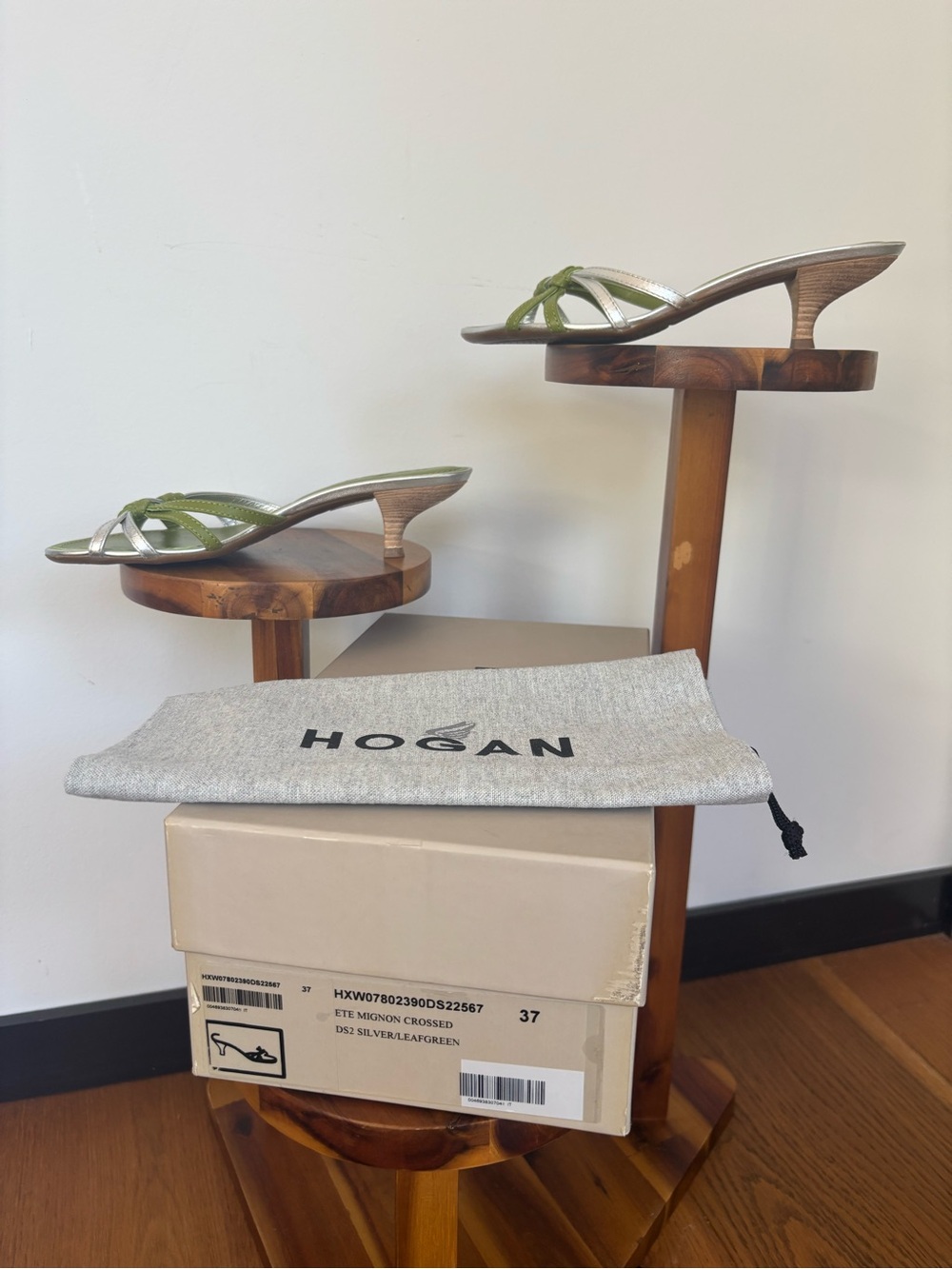 Hogan Ete Mignon Crossed Kitten Heel Sandals Silver Leaf Green EU 37 Italy